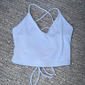 Garage Light Blue Ribbed Lace-Up Back Crop Top